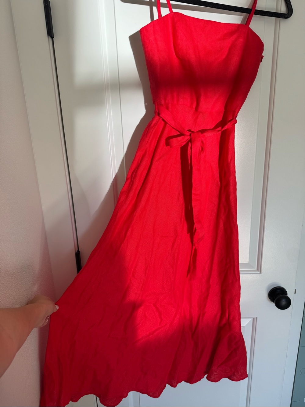 Mango Red Sleeveless Midi linen Dress with Waist Tie